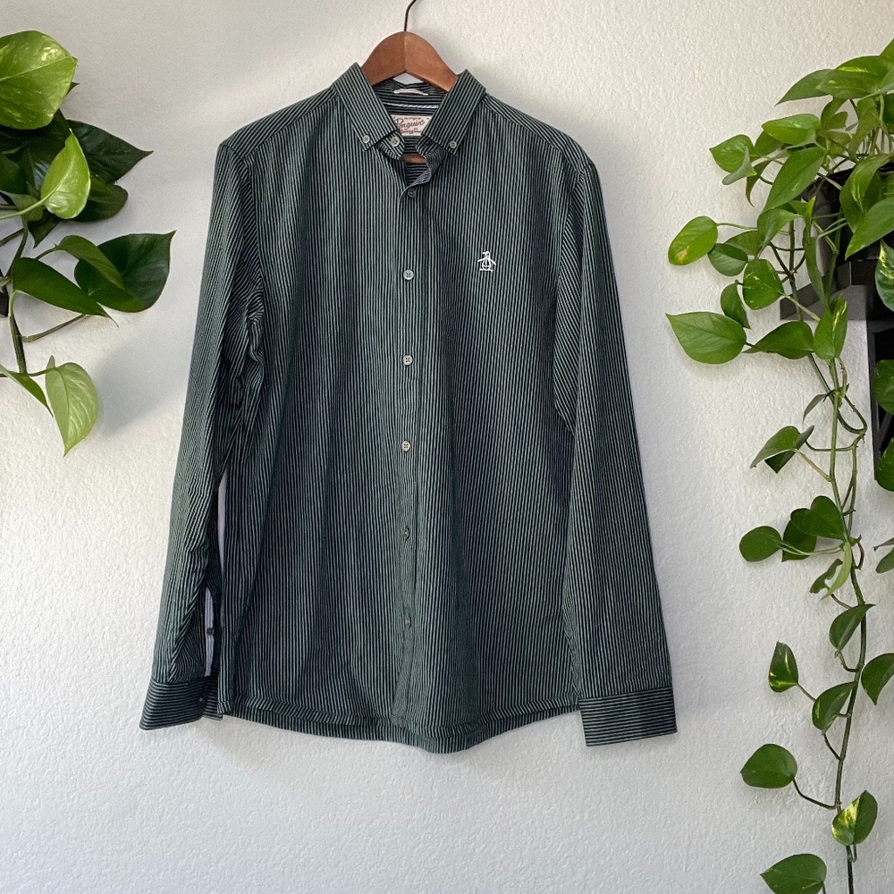 Penguin Dress Casual Button Green Shirt Medium